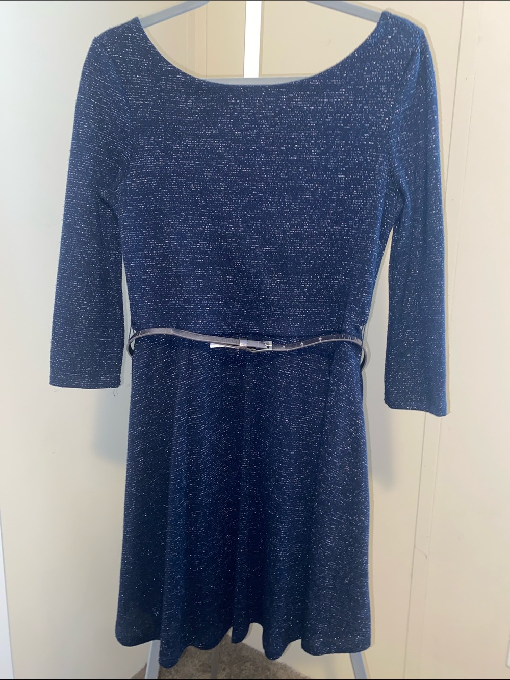 As U Wish Navy Sparkle Belted Long Sleeve Dress